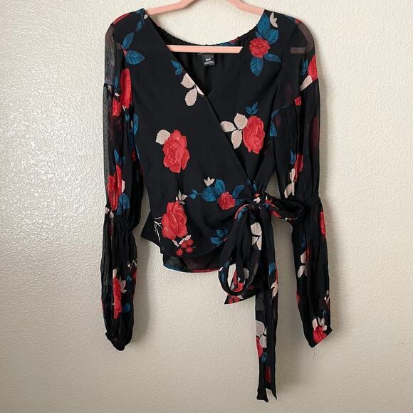 Club Monaco Top Womens XS Black Silk Floral Wrap Tie Bell Sleeve Darlana Vamp - Picture 5 of 14